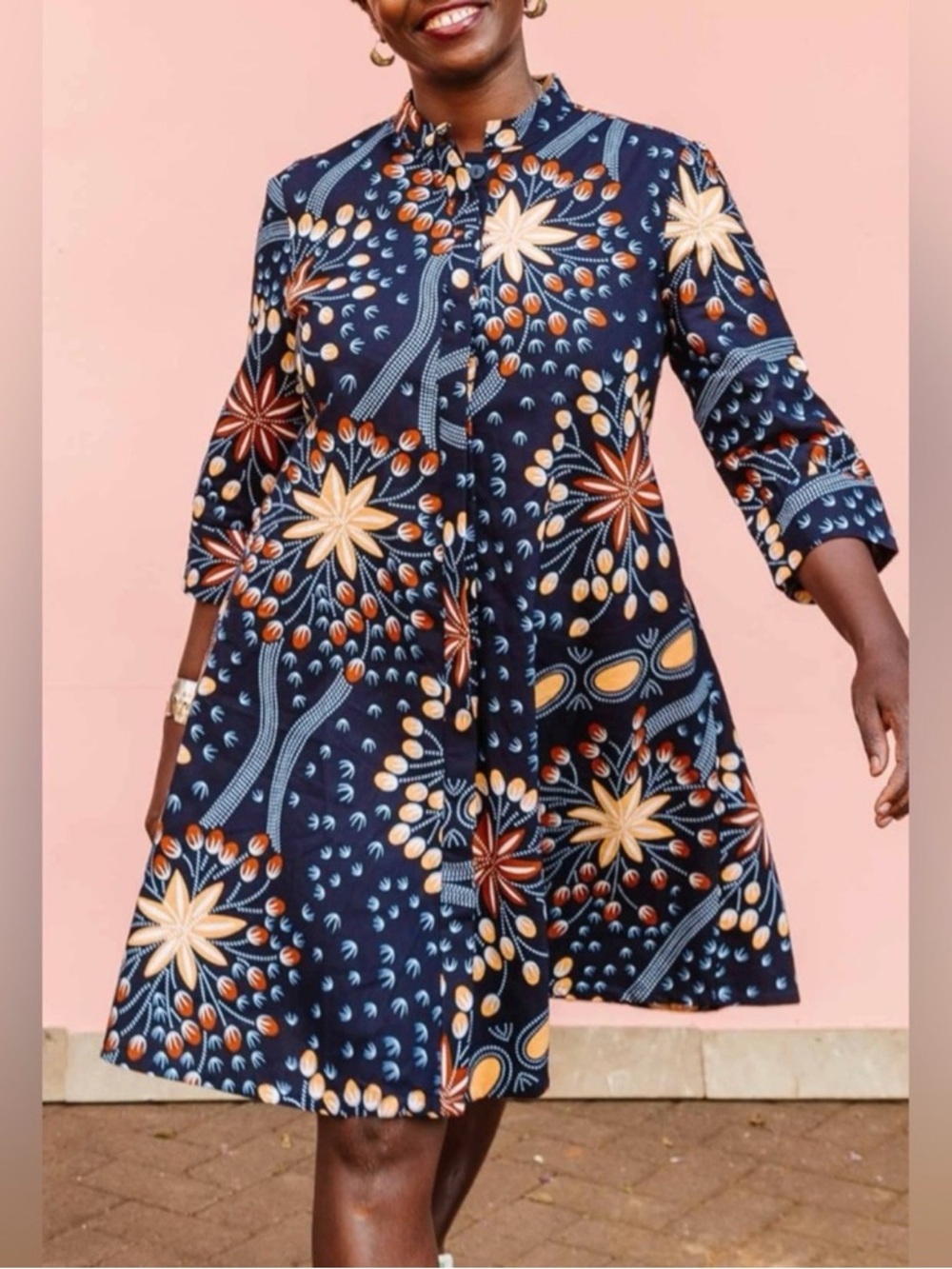 ZURI Starflower Cotton Dress Navy Blue Floral Size XS